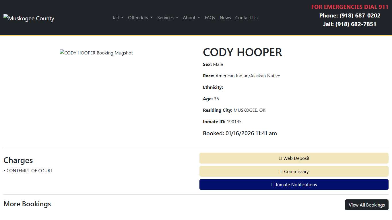 CODY HOOPER Booked at the Muskogee County Jail